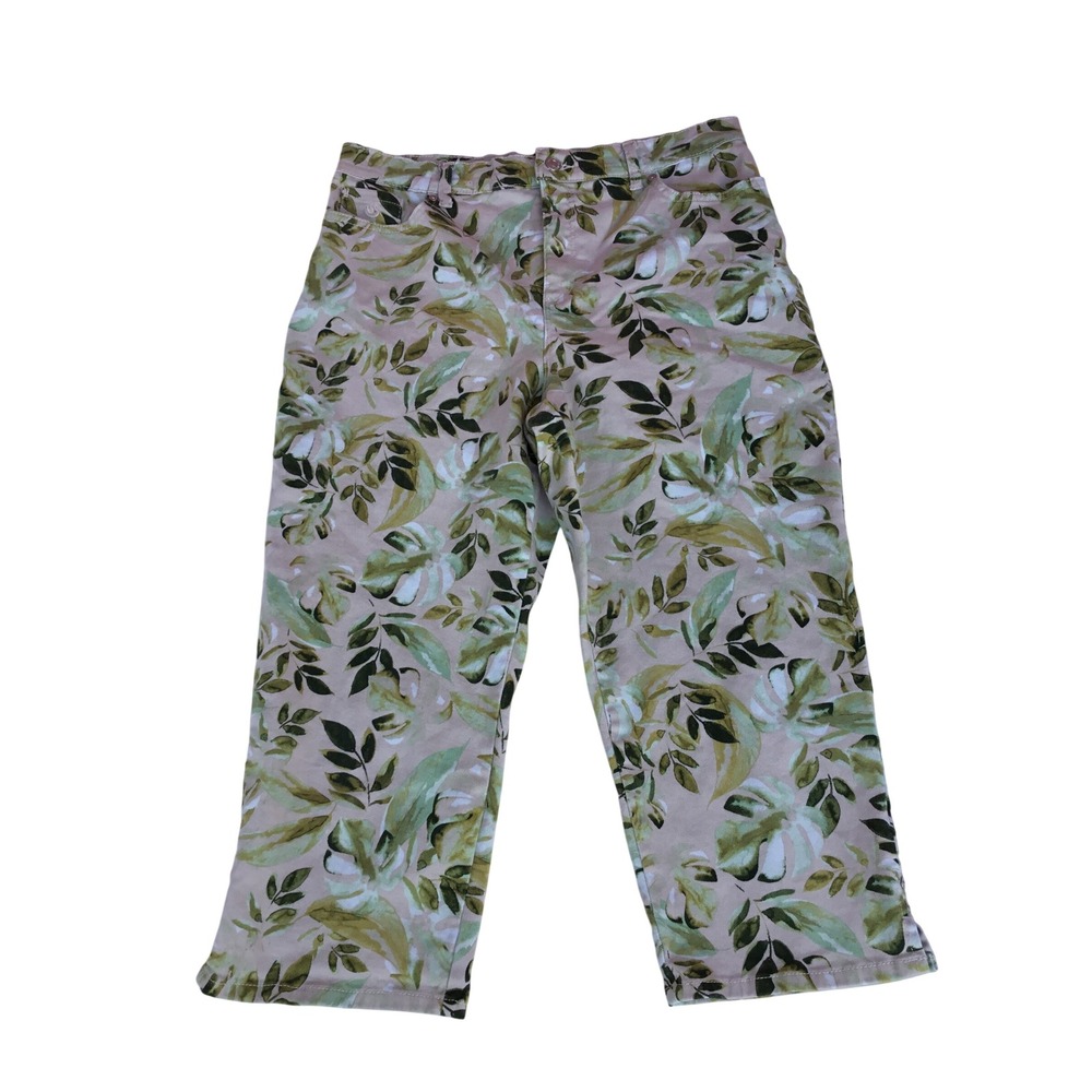 Gloria Vanderbilt Amanda High Rise Tapered Pants Green Tropical Leaf Print Sz 12